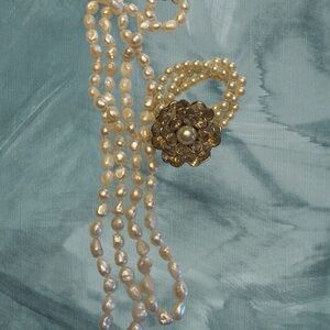 Faux Pearl Jewelry Set- Long Necklace and Floral Bracelet